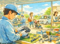 作業服姿の作業者が機械部品をていねいにチェックしている。奥には整理された機械やラインが並び、窓の外には街並みと、その工場で作られた製品を使いながら笑顔で暮らす人々の様子が小さく描かれ、製造業の仕事が世の中に貢献していることと前向きな雰囲気が伝わる手書き風イラスト。