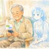 穏やかな表情でスマートフォンを見つめる高齢者と、静かに寄り添うAIの存在を表現した手描き風水彩イラスト。技術への不安ではなく、安心感と希望を伝える温かな雰囲気。