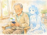 穏やかな表情でスマートフォンを見つめる高齢者と、静かに寄り添うAIの存在を表現した手描き風水彩イラスト。技術への不安ではなく、安心感と希望を伝える温かな雰囲気。