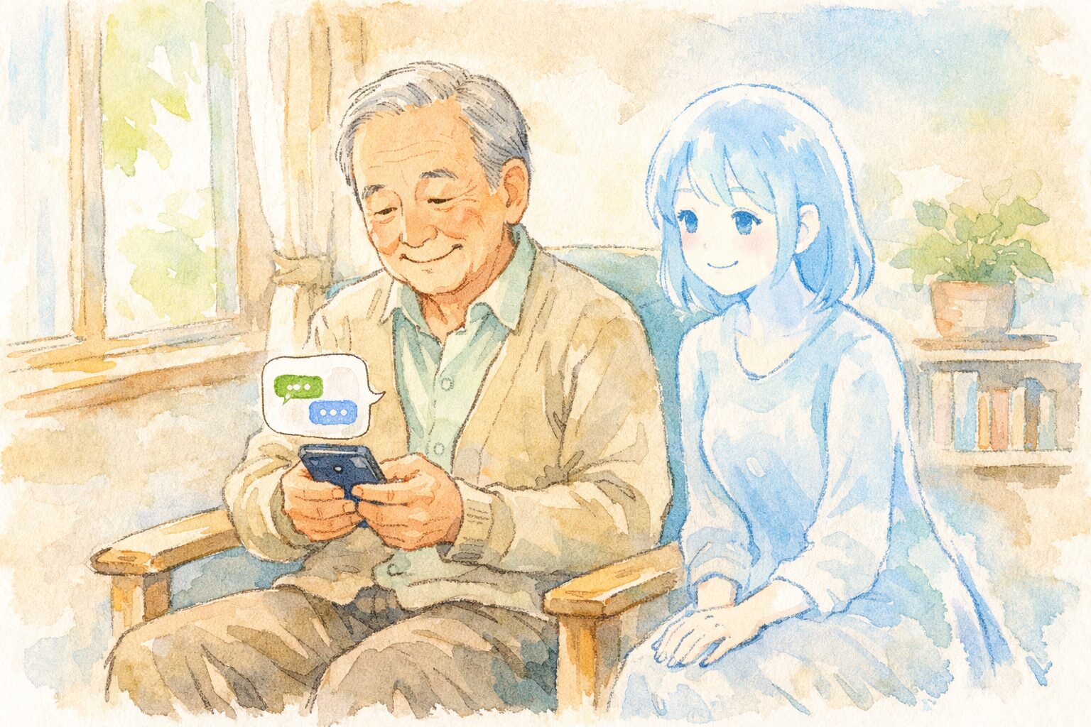 穏やかな表情でスマートフォンを見つめる高齢者と、静かに寄り添うAIの存在を表現した手描き風水彩イラスト。技術への不安ではなく、安心感と希望を伝える温かな雰囲気。