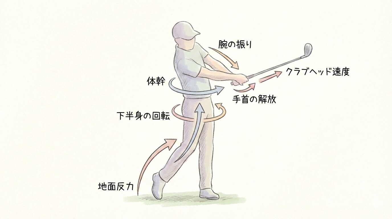 足元からクラブヘッドまでのエネルギーの流れを矢印で示した、ゴルフスイングの解説用手書き風イラスト