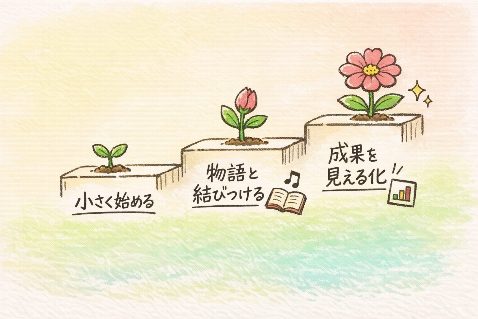 「小さく始める」「物語と結びつける」「成果を見える化」という3つのステップを手書き風の文字で添えた三段の小さな階段の上に、芽・つぼみ・花が順に描かれ、興味が少しずつ育っていく流れを表現した手書き風イラストの挿絵。