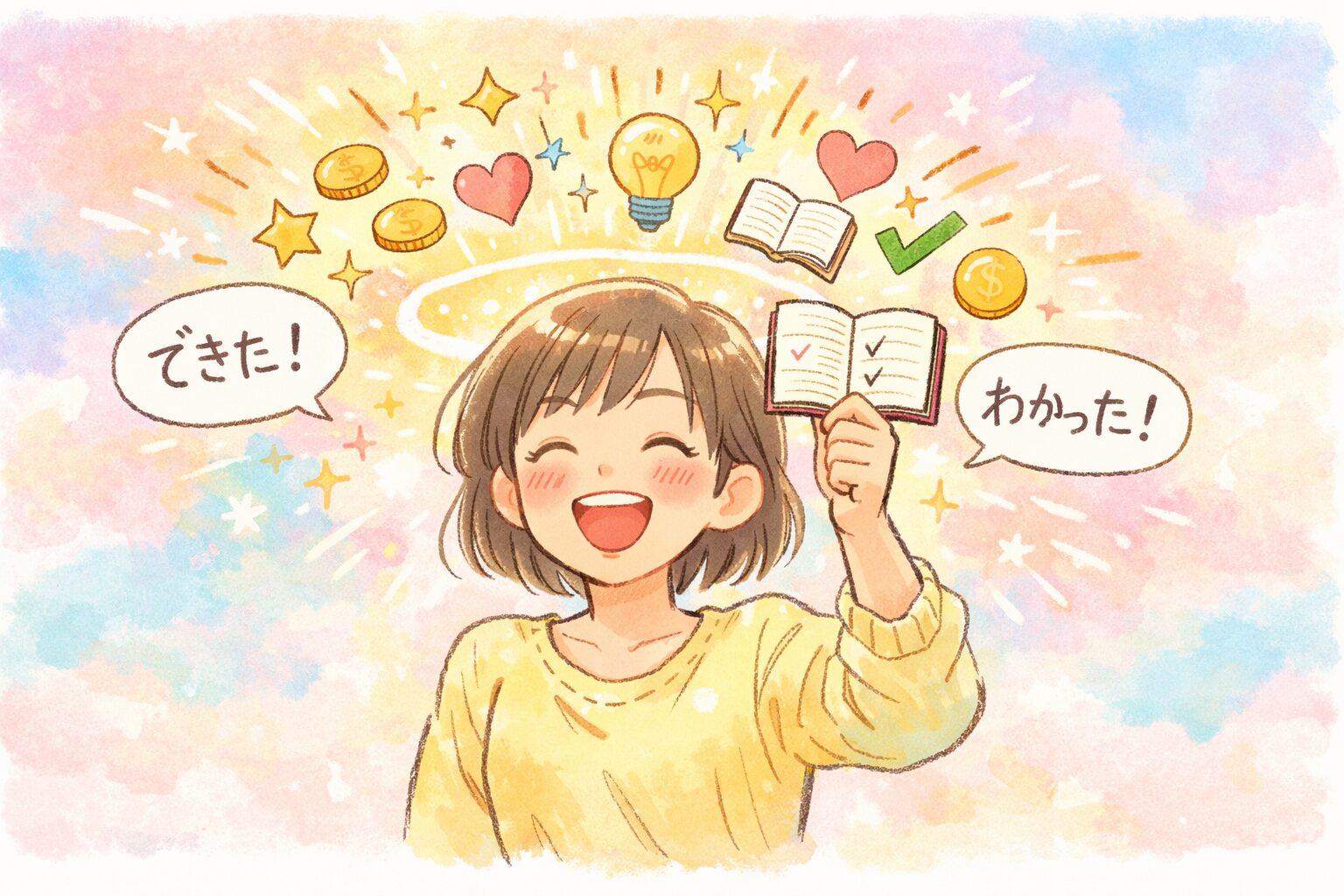 ノートを掲げて「できた！」「わかった！」と笑顔になる人の頭の周りに、星やコイン、ハート、電球が花火のように広がり、脳からごほうびが出て興味が高まる様子を表現した手書き風イラストの挿絵。