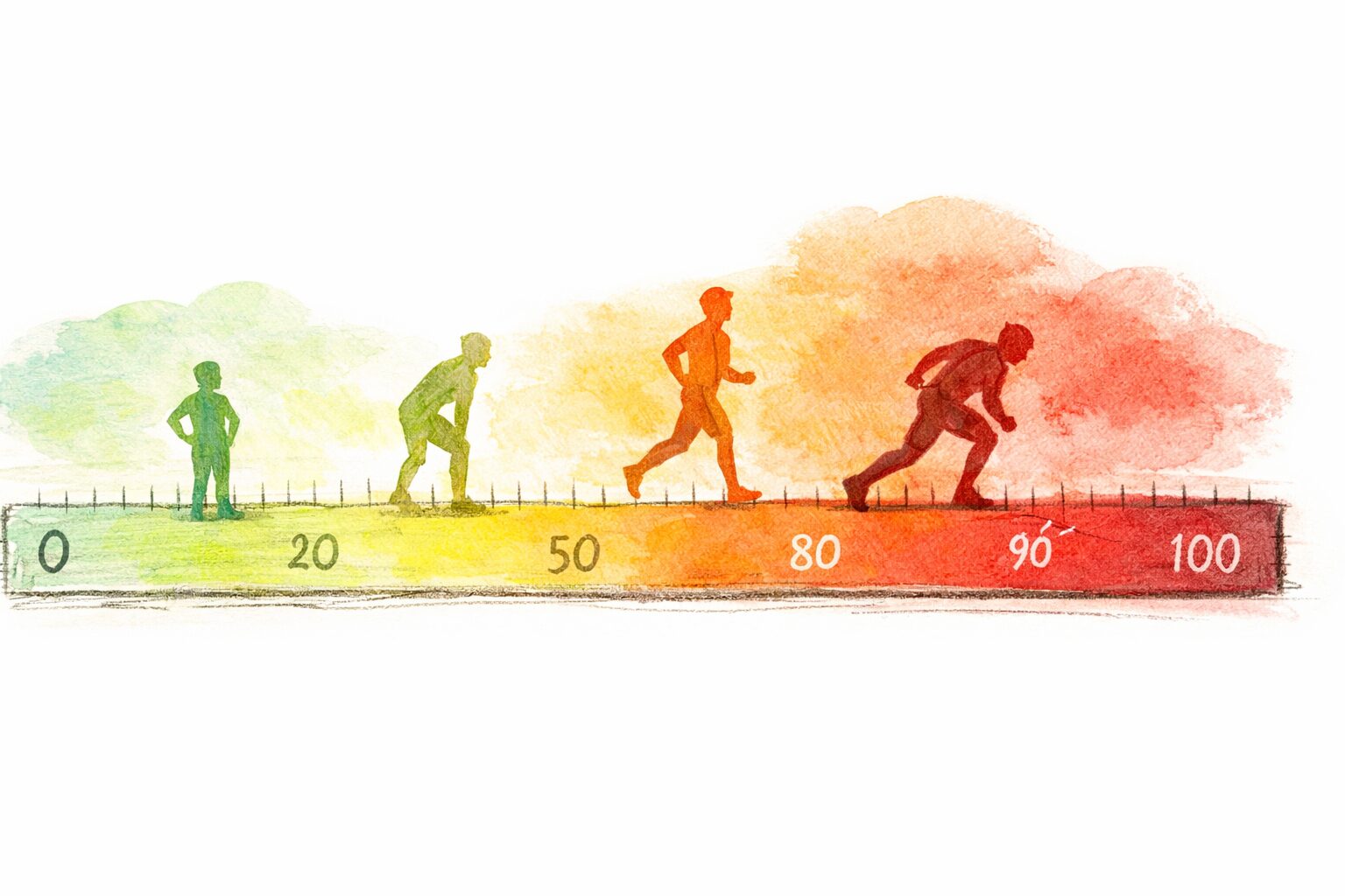 横長の物差しやメーターの上に、複数のランナーのシルエットがそれぞれ異なる位置に立ち、自分の現在地と全国トップレベルとの距離感を表現している手書き風イラスト