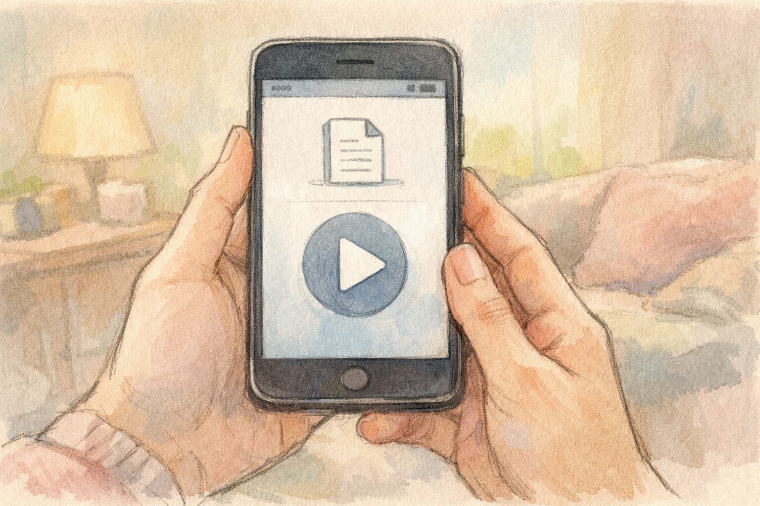 スマホを両手でそっと持ち、画面には資料アイコンと大きな再生ボタンだけが表示されたシンプルなインターフェース。背景には、ぼかされた落ち着いた部屋の気配。NotebookLMで「まず1つのPDFから始める」小さな一歩を、静かな期待感とともに描いた手書き風イラスト。