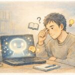 手書き風タッチで描かれた、デスクでAI装置（ノートPC）に向かって考え込む中年男性のイラスト。男性の周りにはクエスチョンマークや電球のアイコンが浮かび、AIの画面は柔らかく光り、人の思考とAIのサポートの両方を表現している16:9のアイキャッチ画像。