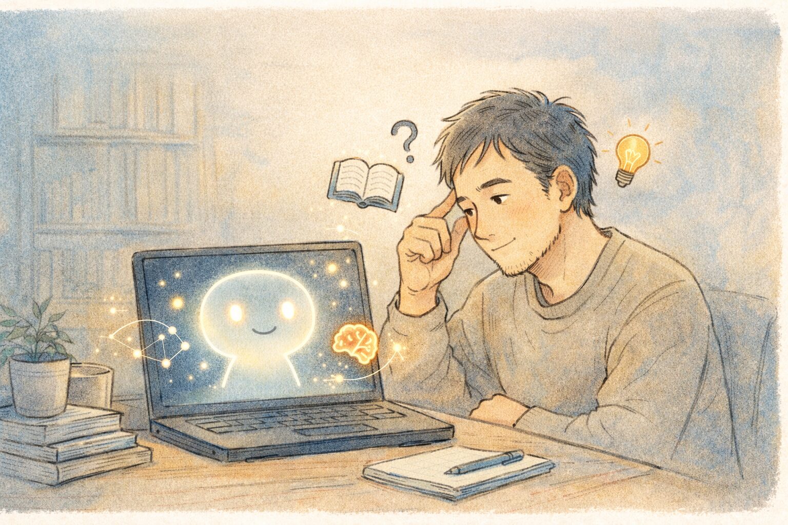手書き風タッチで描かれた、デスクでAI装置（ノートPC）に向かって考え込む中年男性のイラスト。男性の周りにはクエスチョンマークや電球のアイコンが浮かび、AIの画面は柔らかく光り、人の思考とAIのサポートの両方を表現している16:9のアイキャッチ画像。