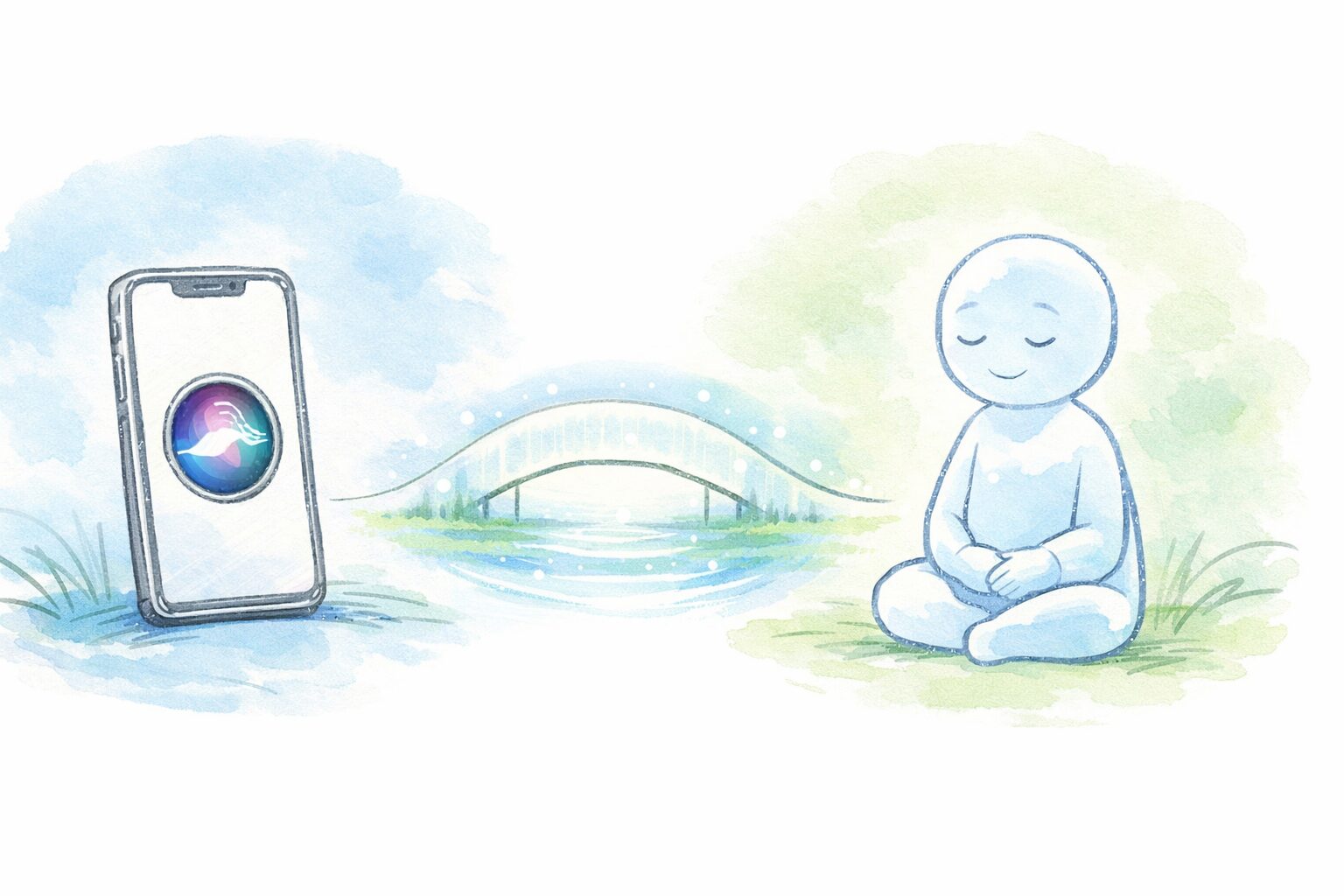 iPhoneのSiriとAIアシスタントが並んで「静かに待つ」姿勢を示す手描きイラスト。両者をつなぐ線が、共通する「待つ技術」の思想を表現している。