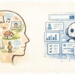 AI時代に『記憶はAIに任せればいい』という考え方を問い直す記事のアイキャッチ。左側に人の頭のシルエットが手書き風に描かれ、その中に本やノート、メモなどの記憶のイメージが浮かんでいる。右側にはシンプルなAIインターフェースやロボットのアイコンが描かれ、人の記憶とAIの外部記憶が穏やかに共存している様子を表現した16:9のイラスト。