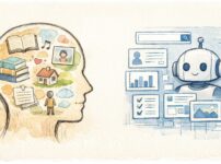 AI時代に『記憶はAIに任せればいい』という考え方を問い直す記事のアイキャッチ。左側に人の頭のシルエットが手書き風に描かれ、その中に本やノート、メモなどの記憶のイメージが浮かんでいる。右側にはシンプルなAIインターフェースやロボットのアイコンが描かれ、人の記憶とAIの外部記憶が穏やかに共存している様子を表現した16:9のイラスト。
