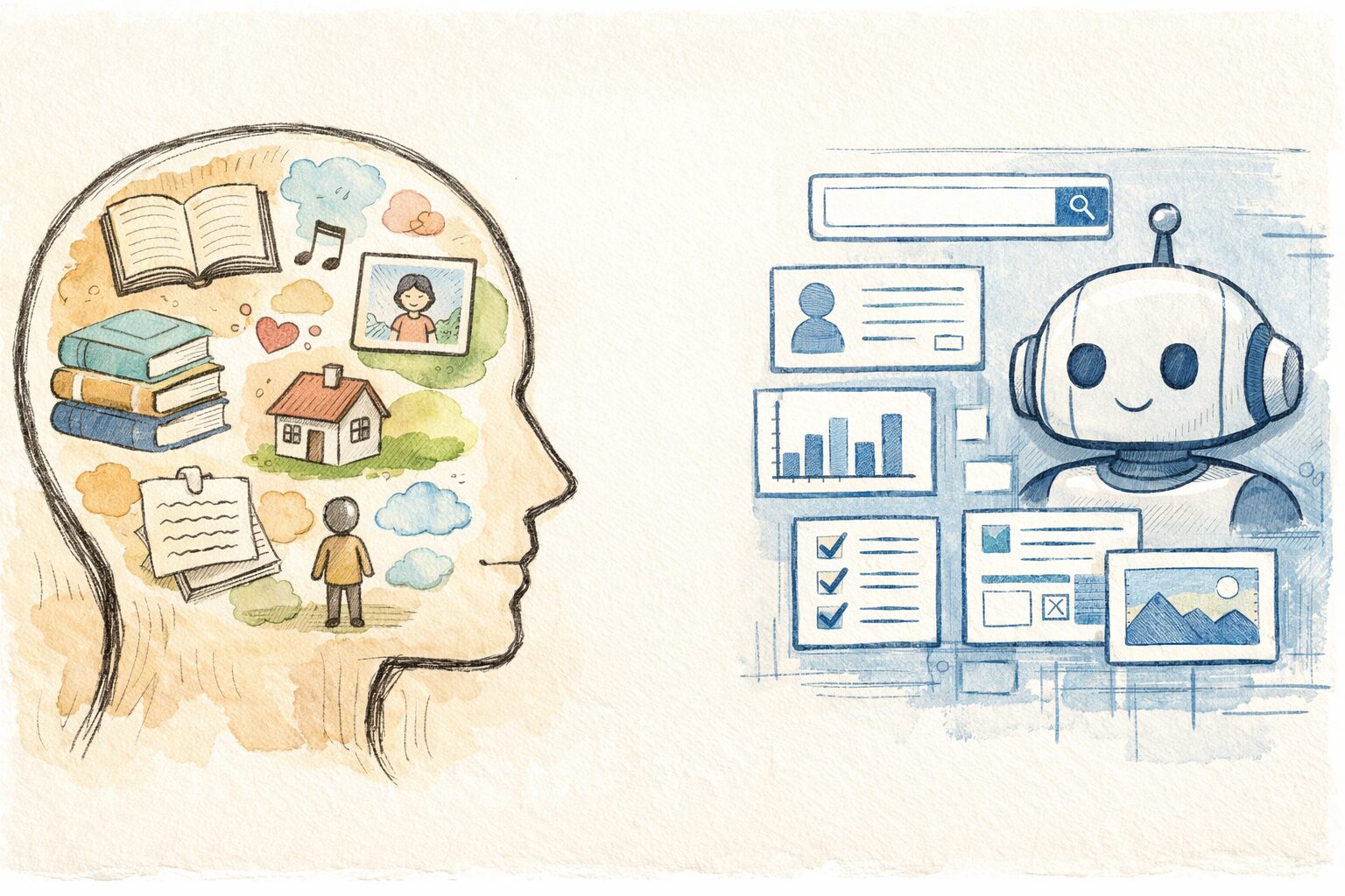 AI時代に『記憶はAIに任せればいい』という考え方を問い直す記事のアイキャッチ。左側に人の頭のシルエットが手書き風に描かれ、その中に本やノート、メモなどの記憶のイメージが浮かんでいる。右側にはシンプルなAIインターフェースやロボットのアイコンが描かれ、人の記憶とAIの外部記憶が穏やかに共存している様子を表現した16:9のイラスト。