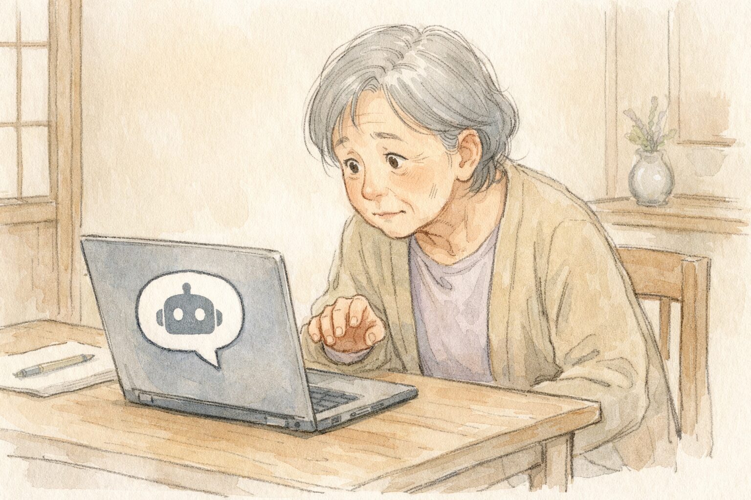 AIが気になりつつも、まだ手を伸ばせずにいるシニアの人物。机の上のスマホ（またはノートPC）にAIチャットの吹き出しアイコンが表示されているが、指先は画面の手前で止まっている。好奇心と不安が入り混じった表情の、手書き風イラスト。