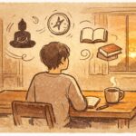 夕暮れの静かな部屋で、ひとりの人物が机に向かってノートとマグカップを前に考え込んでいる。背後には本棚と柔らかな光の差す窓があり、空間にはコンパスや仏像、本のシルエットが手書き風の線画で浮かび、哲学や仏教を「考えるための道具」として表現したイラスト。