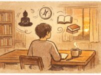 夕暮れの静かな部屋で、ひとりの人物が机に向かってノートとマグカップを前に考え込んでいる。背後には本棚と柔らかな光の差す窓があり、空間にはコンパスや仏像、本のシルエットが手書き風の線画で浮かび、哲学や仏教を「考えるための道具」として表現したイラスト。