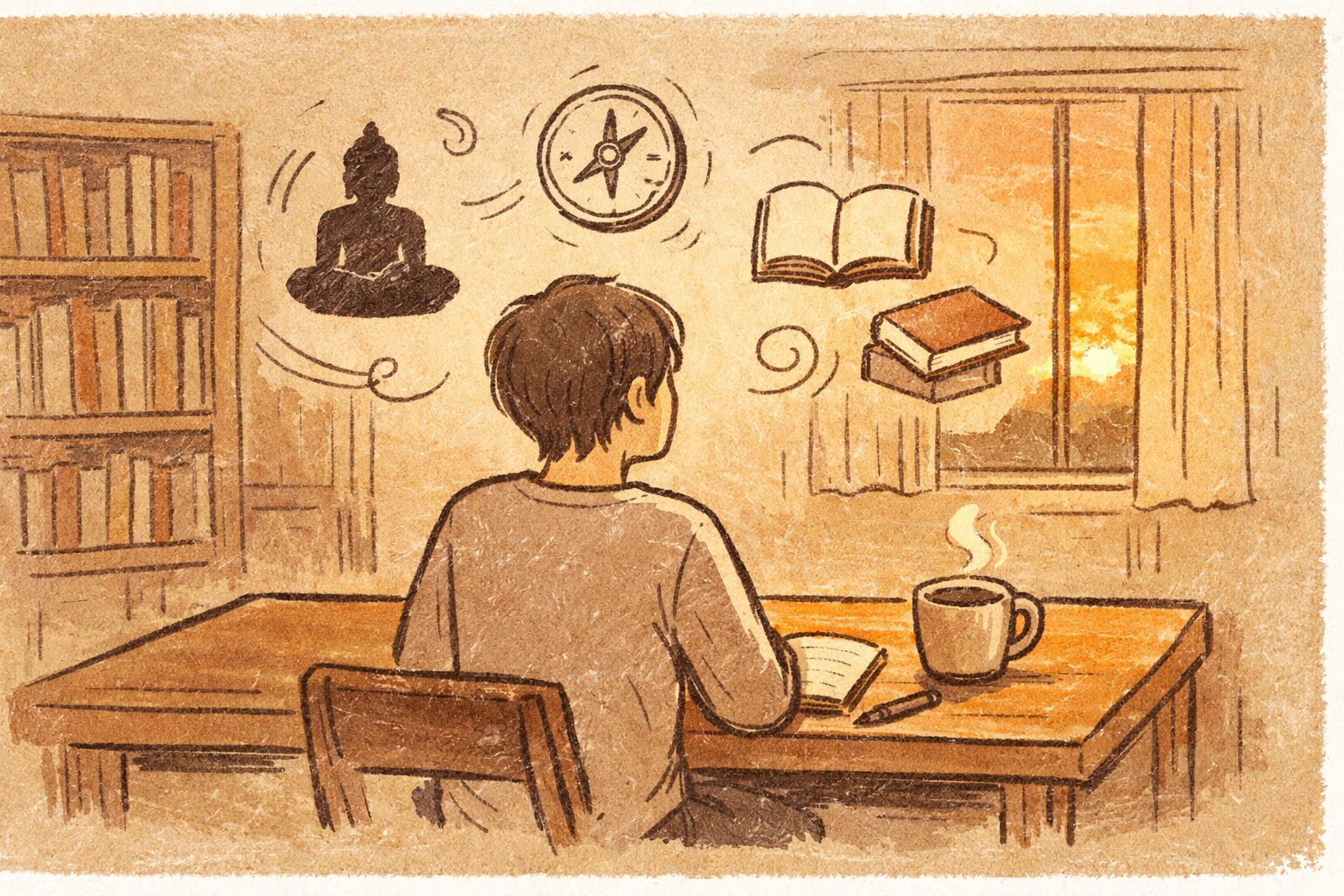 夕暮れの静かな部屋で、ひとりの人物が机に向かってノートとマグカップを前に考え込んでいる。背後には本棚と柔らかな光の差す窓があり、空間にはコンパスや仏像、本のシルエットが手書き風の線画で浮かび、哲学や仏教を「考えるための道具」として表現したイラスト。