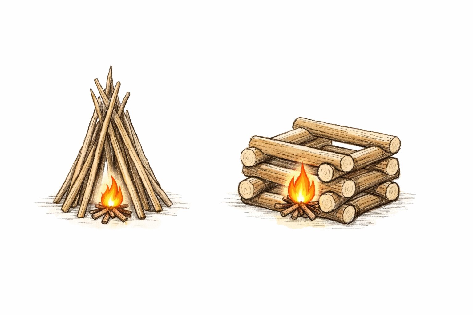 ティピー型と井桁型の二種類の薪の組み方を、シンプルな線と水彩風の色で示した手書き風の図解イラスト。