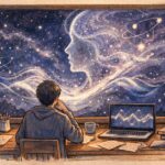 机に向かって夜空を見つめる人のシルエットと、窓の外に広がる宇宙の中で量子の波と人の意識が重なり合う様子を描いた、量子力学と唯識論のつながりをイメージした手書き風イラストのアイキャッチ画像