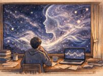 机に向かって夜空を見つめる人のシルエットと、窓の外に広がる宇宙の中で量子の波と人の意識が重なり合う様子を描いた、量子力学と唯識論のつながりをイメージした手書き風イラストのアイキャッチ画像