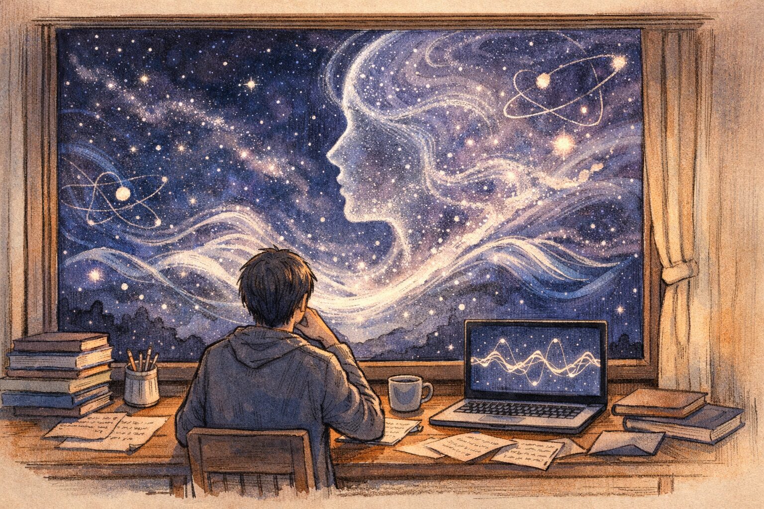 机に向かって夜空を見つめる人のシルエットと、窓の外に広がる宇宙の中で量子の波と人の意識が重なり合う様子を描いた、量子力学と唯識論のつながりをイメージした手書き風イラストのアイキャッチ画像