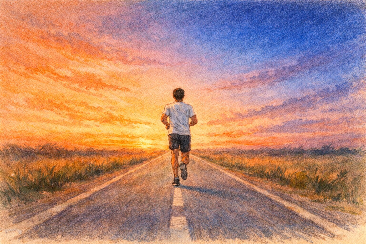 夕暮れのまっすぐな道を、ひとりのランナーが背中を見せて静かに走り続けており、大きな観客も舞台もなく「自分の道を走ること」の尊さを表現した手書き風イラスト