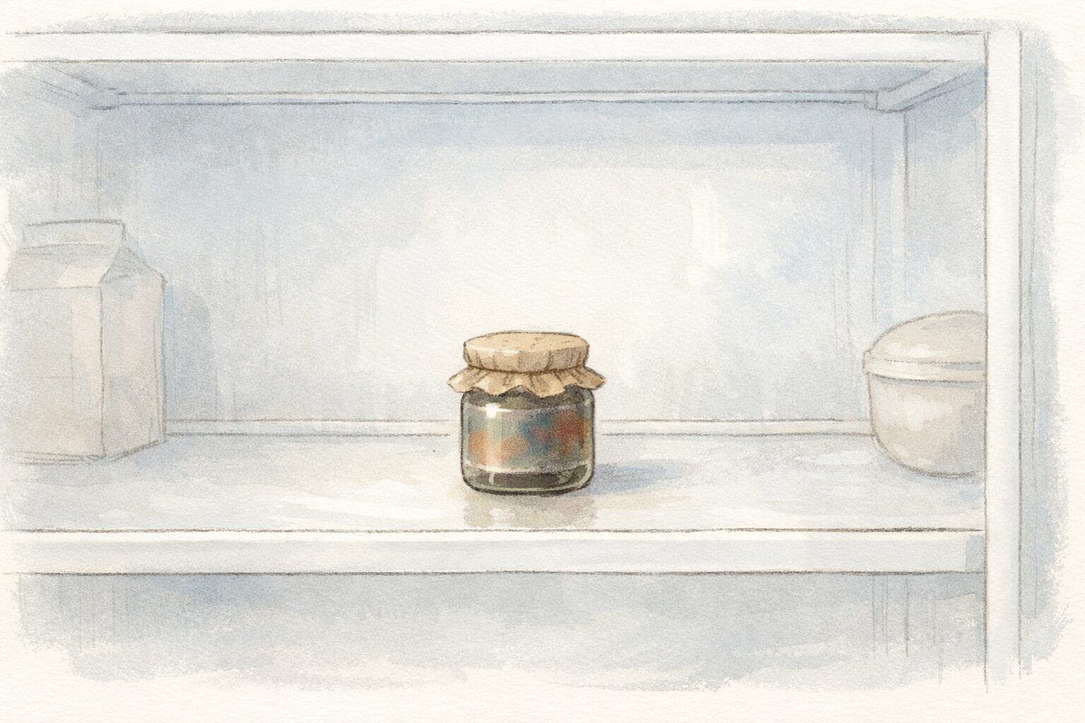 開いた冷蔵庫の棚に、買った覚えのない小さな瓶詰めがひとつだけ置かれている様子を描いた手書き風イラスト。ラベルの文字は読めず、ひんやりとした光の中に、少し不思議で懐かしい空気が漂っている。