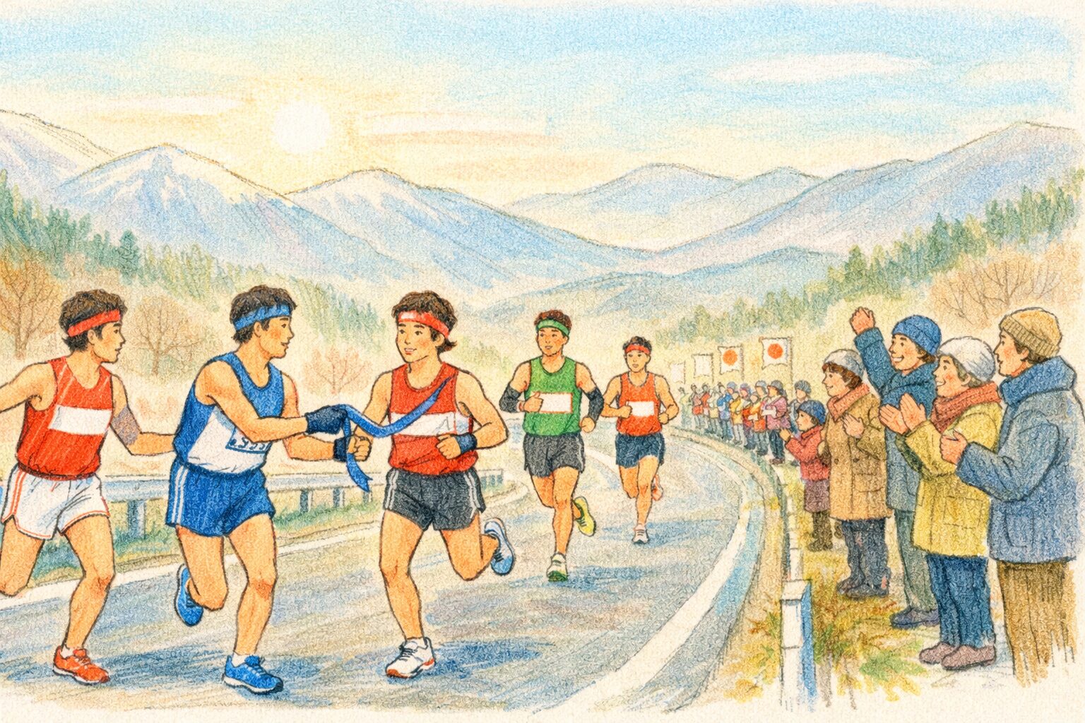 冬の山あいの道路を、タスキをかけた大学駅伝のランナーたちが力強く走り、沿道には旗を振って応援する人々が並んでいる様子の手書き風イラスト