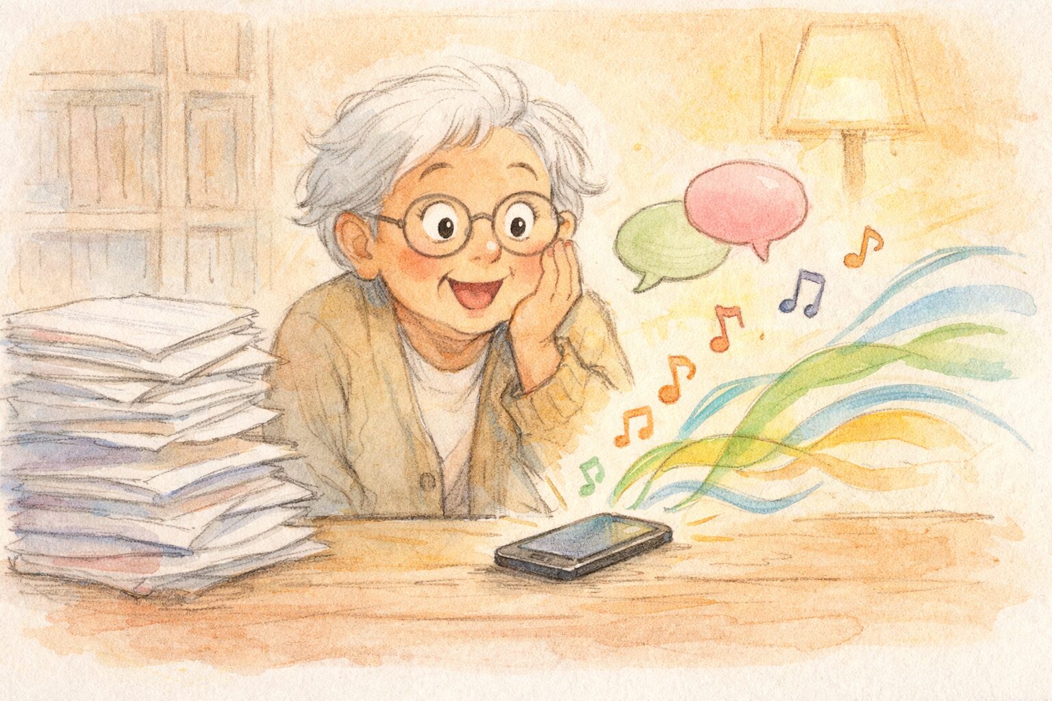 つまらなそうなPDFの山と、NotebookLMで音声再生を始めたスマホ(またはPC)のあいだで、驚きと感動の表情を浮かべるシニアの人物。文書が音の波や吹き出しに変わり、「これだ!」と感じた瞬間を手書き風で描いたイラスト