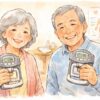 シニア世代の男女が、明るい表情で握力計を握りながら自分の体の状態を確かめている様子を、手書き風タッチで描いたイラスト