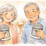 シニア世代の男女が、明るい表情で握力計を握りながら自分の体の状態を確かめている様子を、手書き風タッチで描いたイラスト