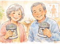 シニア世代の男女が、明るい表情で握力計を握りながら自分の体の状態を確かめている様子を、手書き風タッチで描いたイラスト
