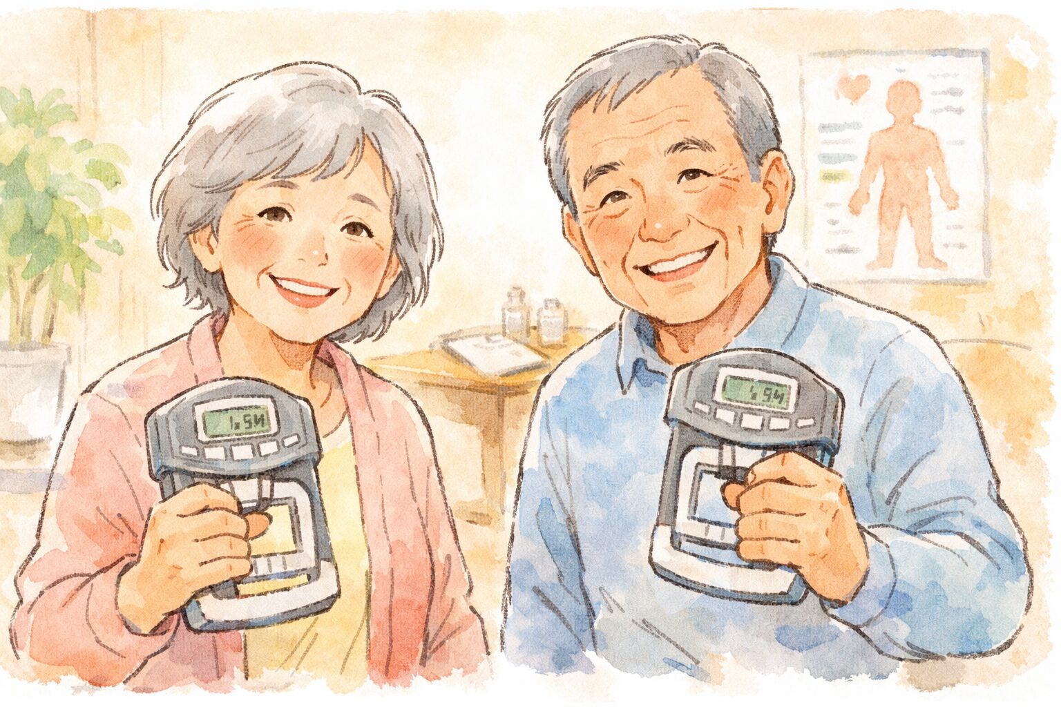 シニア世代の男女が、明るい表情で握力計を握りながら自分の体の状態を確かめている様子を、手書き風タッチで描いたイラスト
