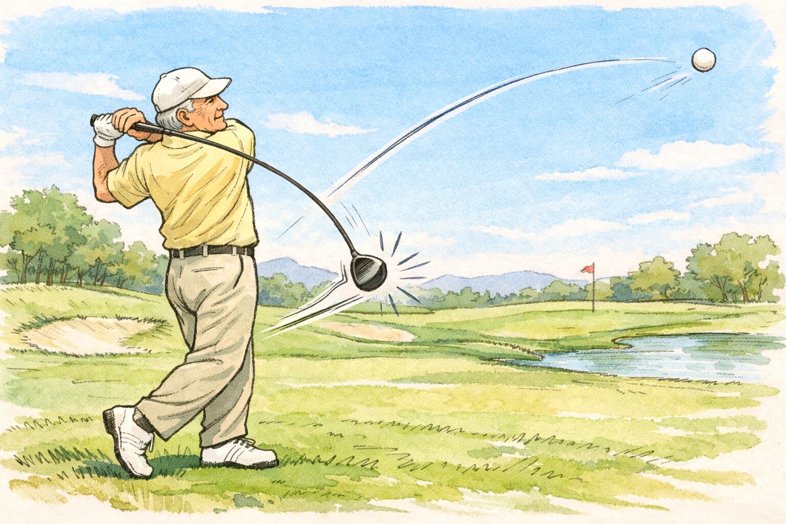 力を抜いたスイングでクラブをしならせるシニアゴルファーが、青空の下のコースでボールを遠くへ飛ばしている手書き風イラスト