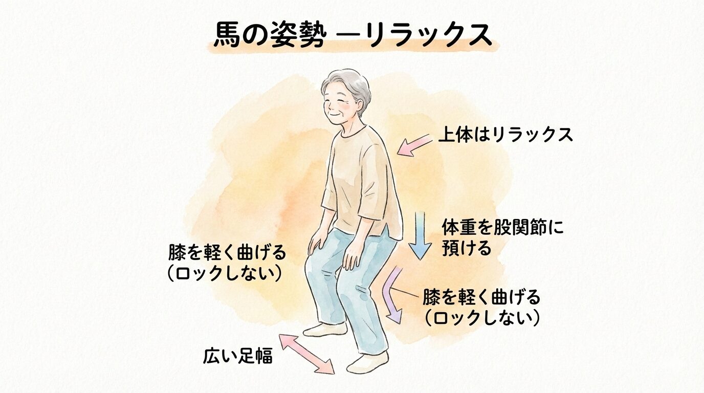 馬の姿勢の正しいやり方を示した図解。足幅を広げ、膝を軽く曲げ、股関節に体重を乗せた楽な立ち方を矢印で説明
