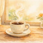 窓辺に置かれた湯気の立つコーヒーカップを描いた手描き風イラスト。柔らかな朝の光が差し込み、穏やかで内省的な雰囲気を表現している