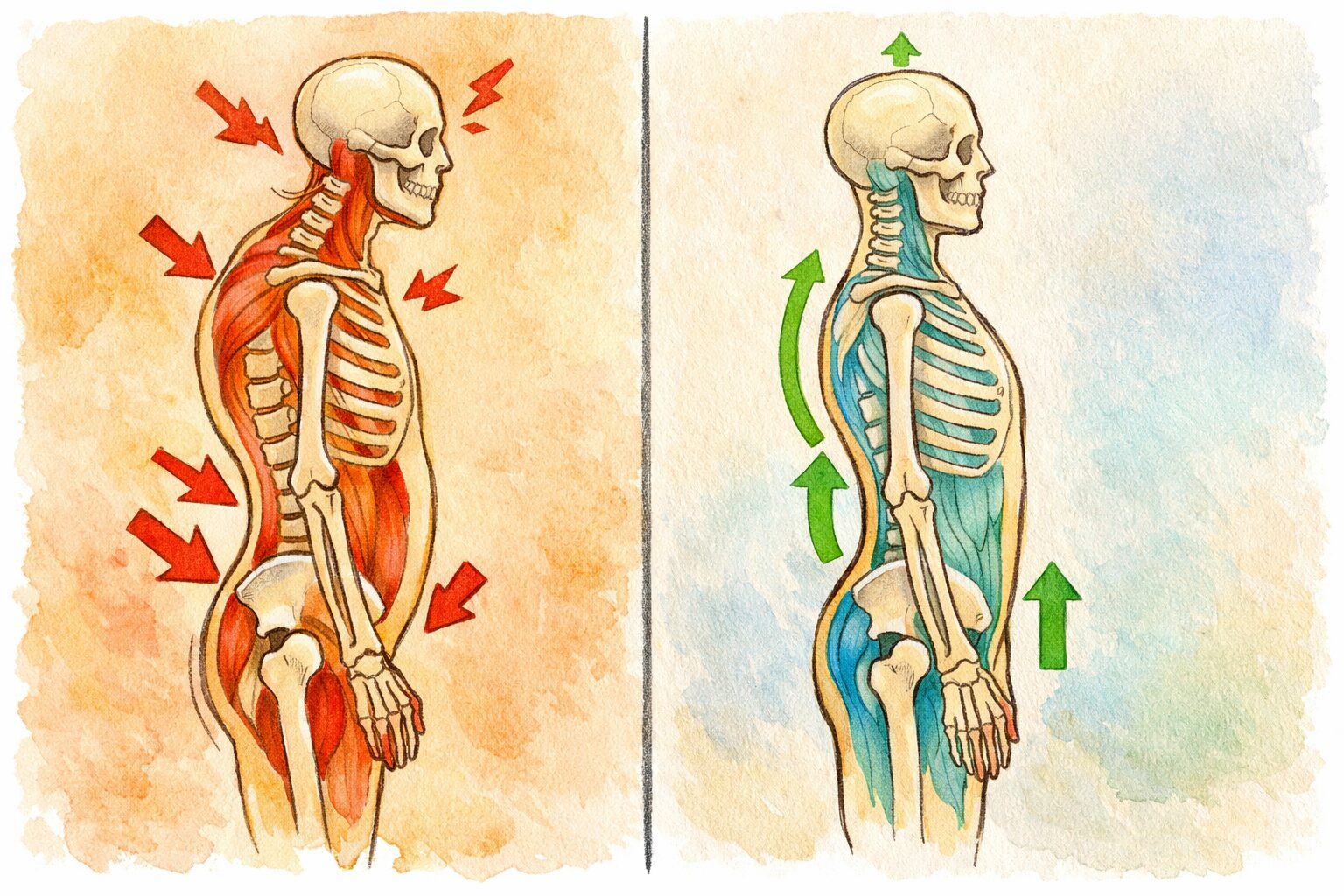 立ち方による体の内部構造の違いを示した図解。悪い立ち方では筋肉が緊張して体を支え、良い立ち方では骨格が自然に体重を支える様子を対比