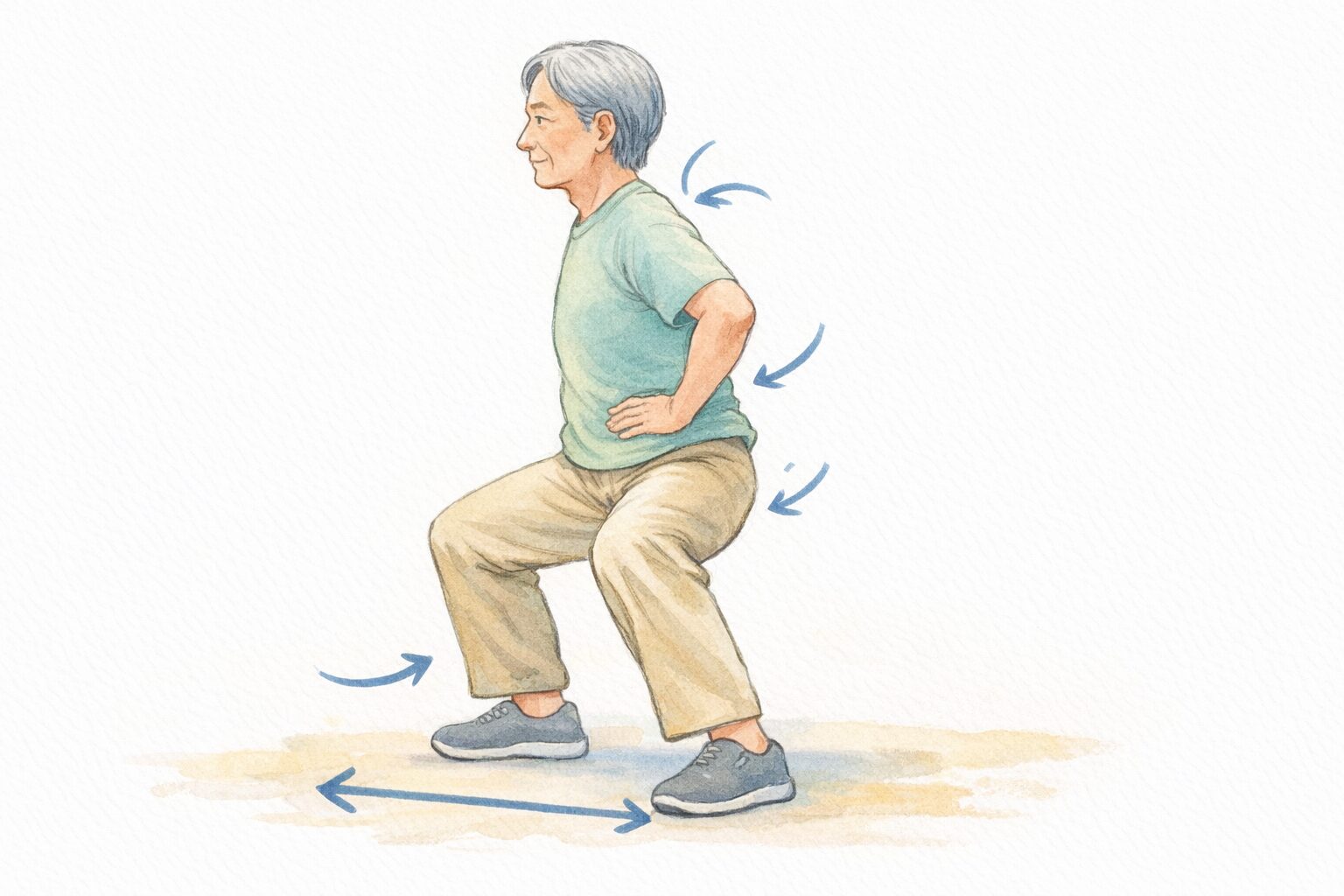 馬の姿勢の正しいやり方を示した図解。足幅を広げ、膝を軽く曲げ、股関節に体重を乗せた楽な立ち方を矢印で説明