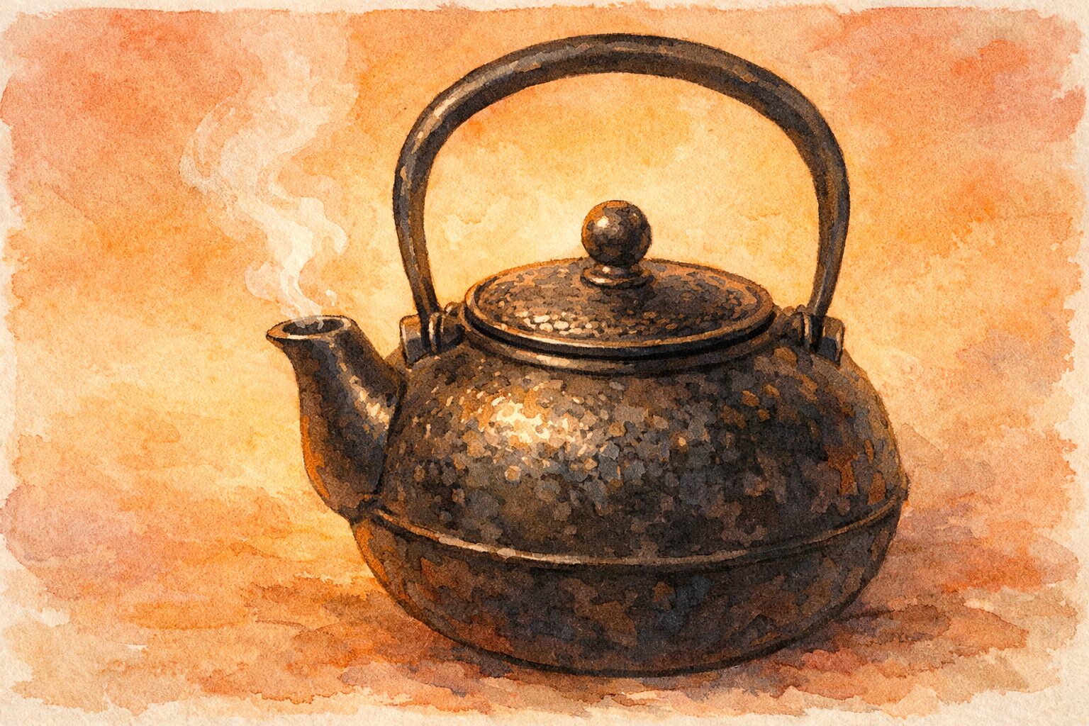 湯気が立ち上る黒い鉄瓶のクローズアップ。暮らしの中で静かに働く鉄の姿を表現した手書き風イラスト