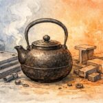 鉄瓶と工業用鉄材が並ぶ手書き風イラスト。工業材料としての鉄と、暮らしの中で体を支える鉄という二つの側面を表現している