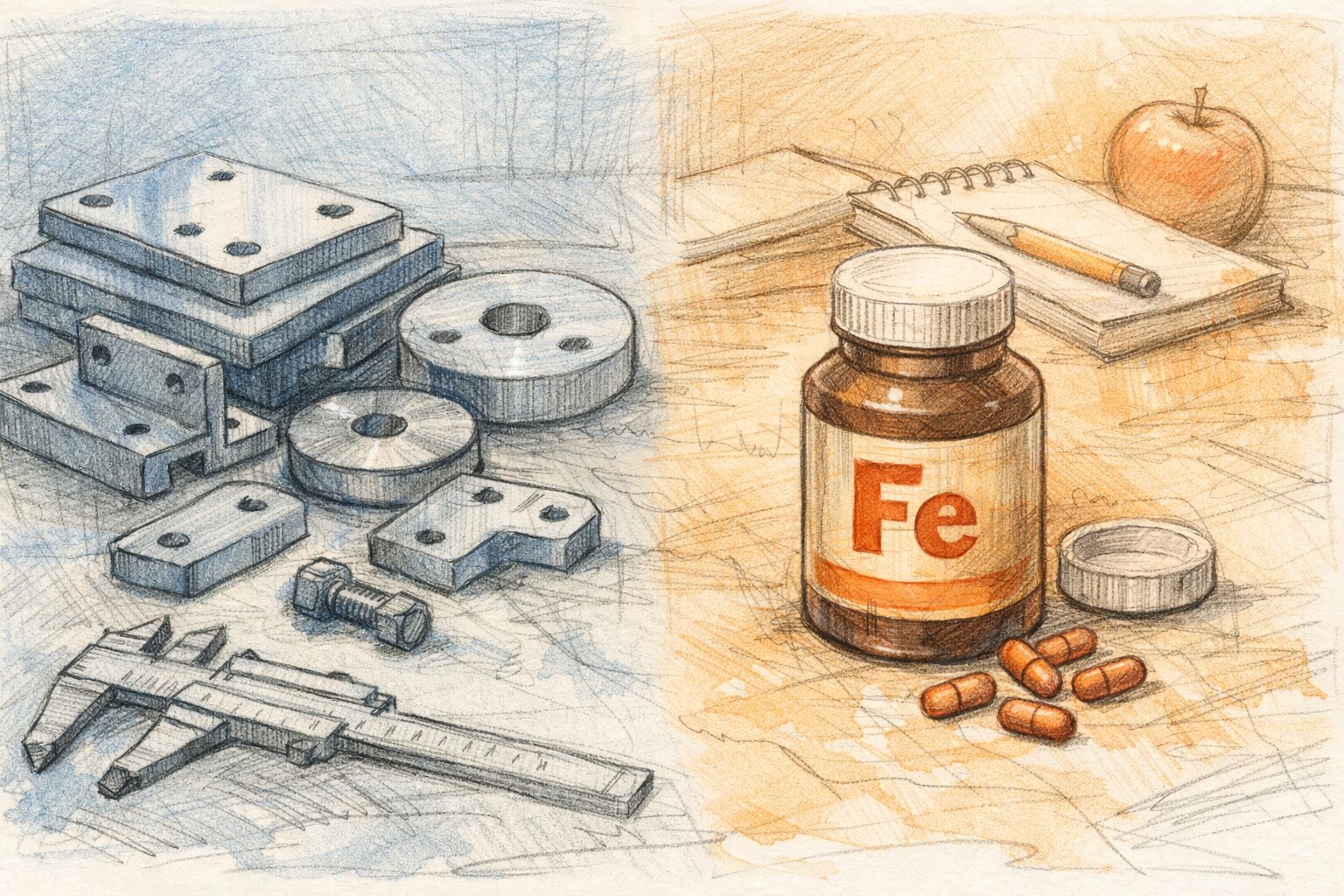 作業台に並ぶ工業用鉄材とサプリメントの瓶。同じ鉄という素材の二つの姿を対比した手書き風イラスト