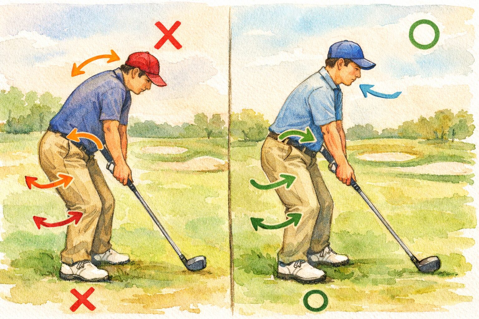 ゴルフのアドレス姿勢の良し悪しを対比した図解。悪い例は力みのある前傾姿勢、良い例は股関節に体重を乗せた安定した構え
