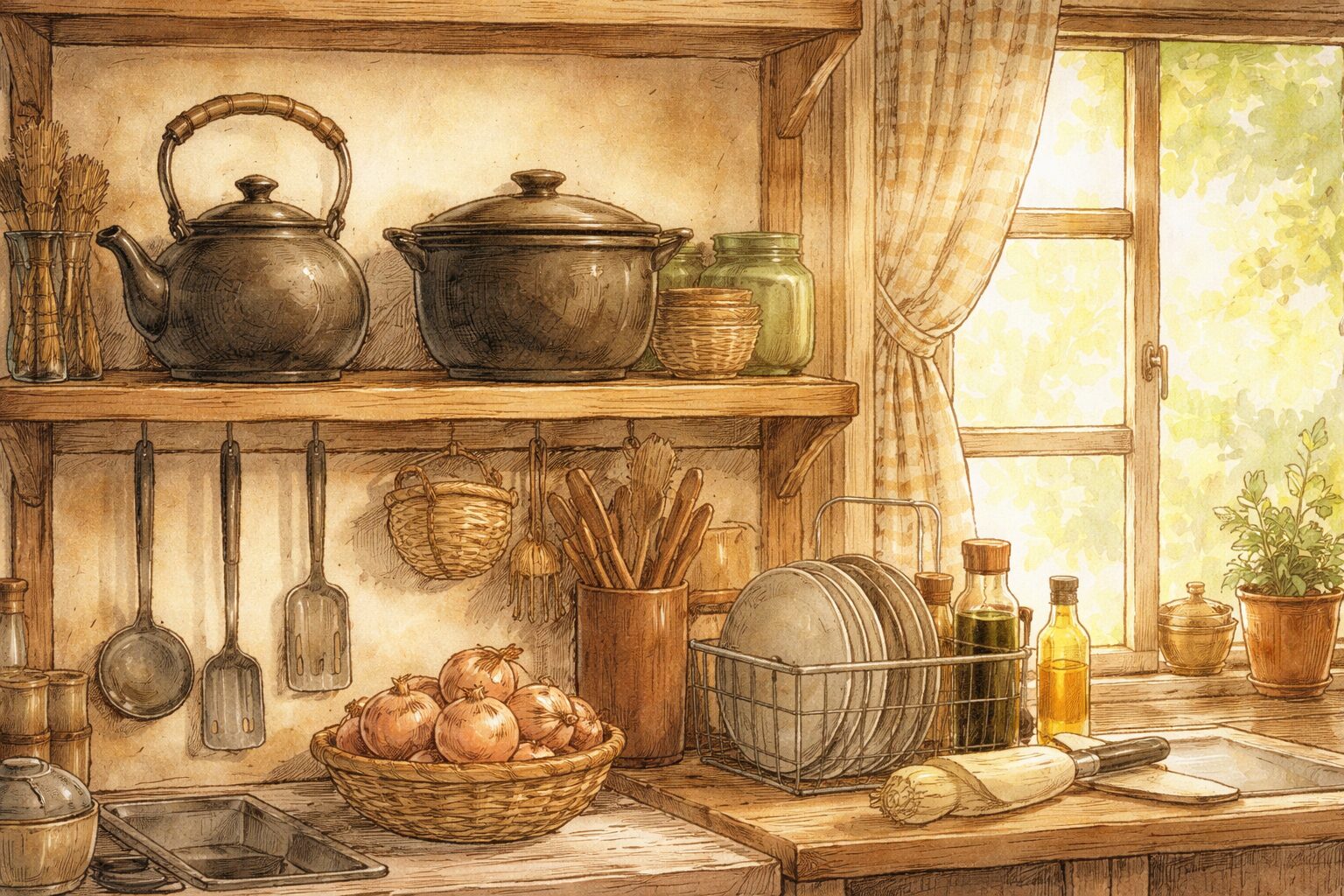 昭和の台所に並ぶ鉄瓶と鉄鍋。暮らしの道具として自然に存在していた鉄の記憶を表現した手書き風イラスト
