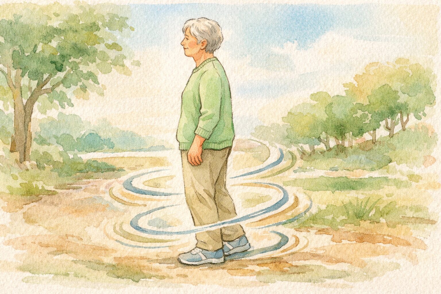 リラックスした立ち方で穏やかに立つシニアの人物を描いた手書き風イラスト。力を抜いた自然な姿勢が、疲れない体の使い方を視覚的に表現している