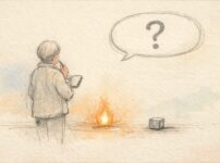 AIの答えに流されず、自分の問いを守る人物を象徴的に描いた手書き風アイキャッチ