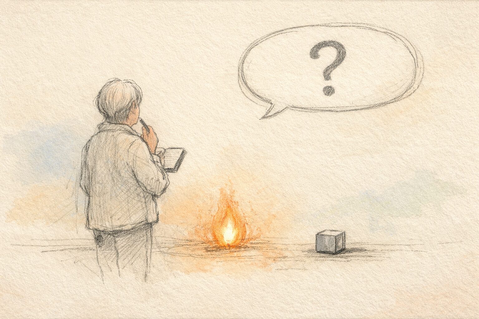 AIの答えに流されず、自分の問いを守る人物を象徴的に描いた手書き風アイキャッチ