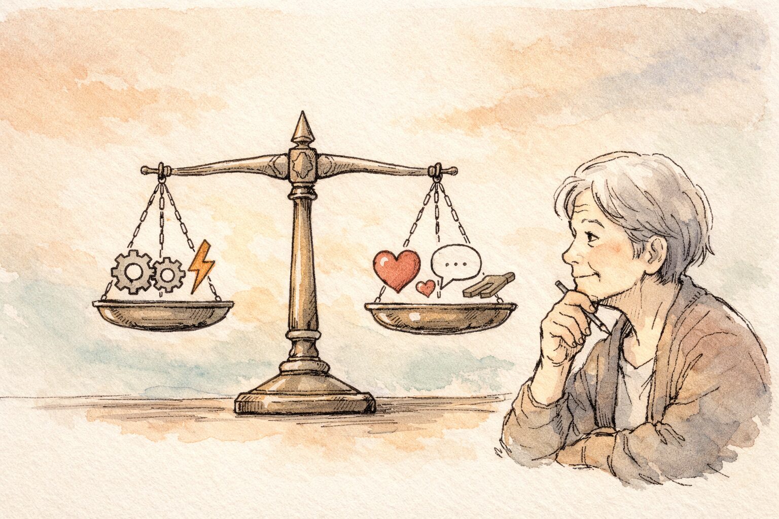 歯車などの便利さの象徴と思いやりの象徴を載せた天秤を、年配の人物が見守っている手書き風イラスト
