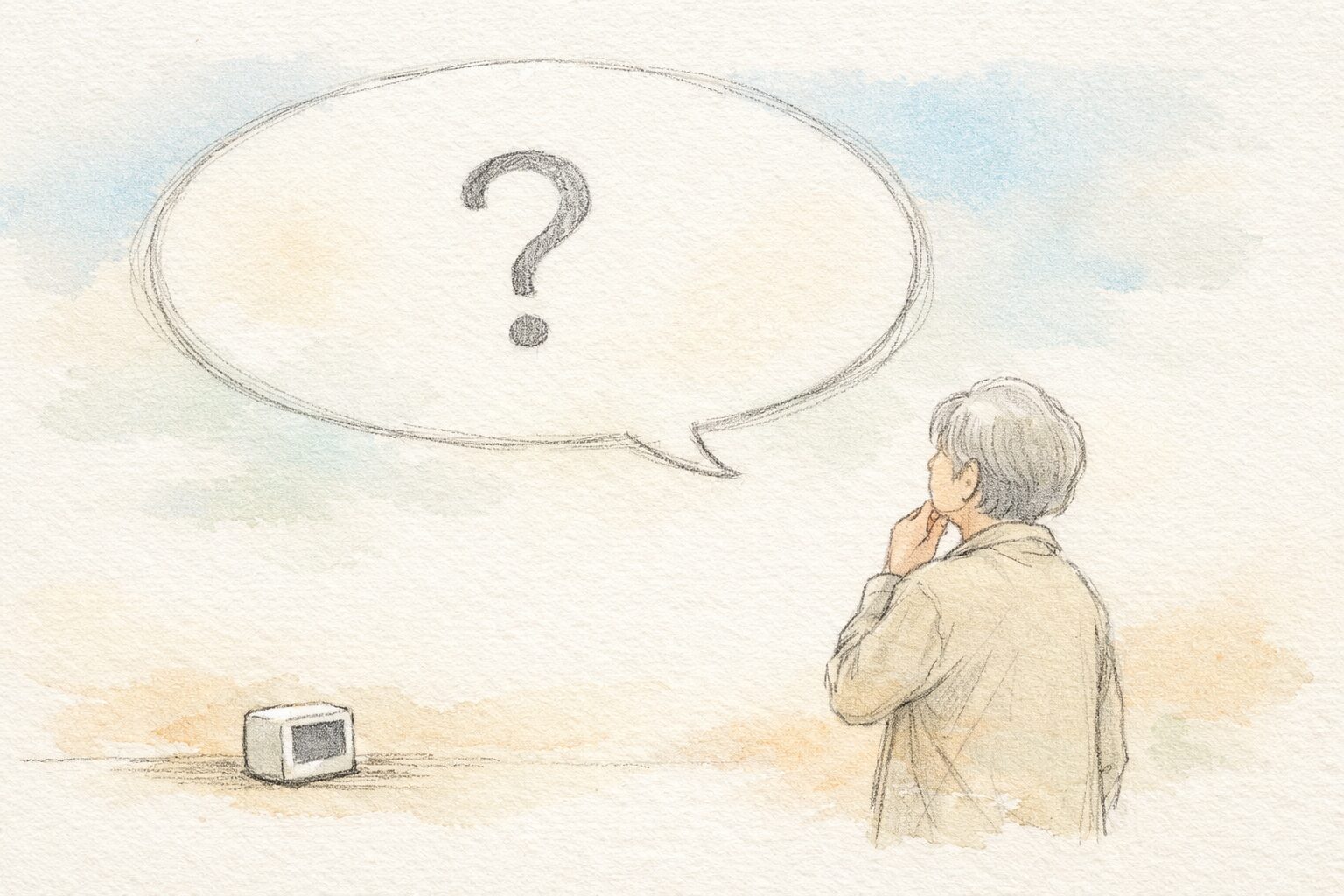 大きな『?』の吹き出しの下で立ち止まり考える年配の人物と、そばに置かれた小さなAI端末を描いた手書き風イラスト