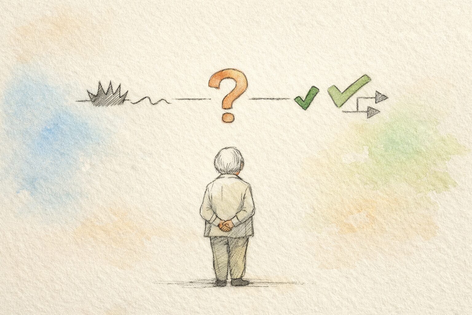 違和感・問い・判断を示す3つのアイコンが線でつながり、人物が見守る手書き風の図解イラスト