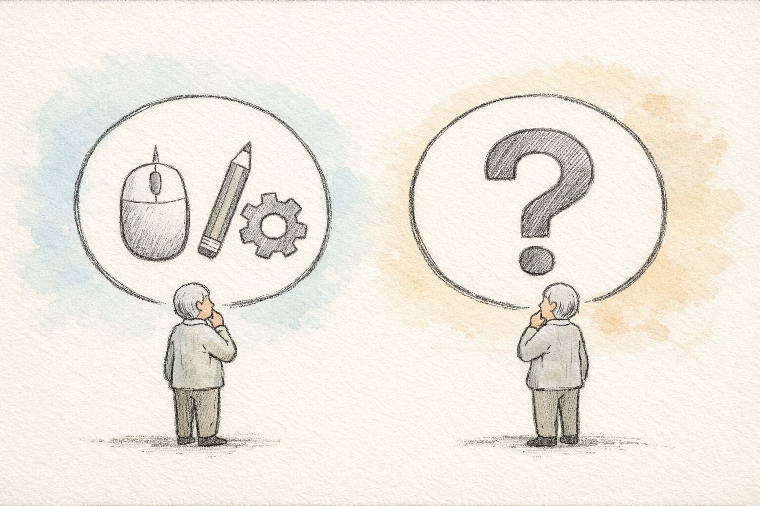 使う力』を示す道具アイコンと『問う力』を示す大きな『?』が並び、年配の人物が見比べて考えている手書き風の図解イラスト