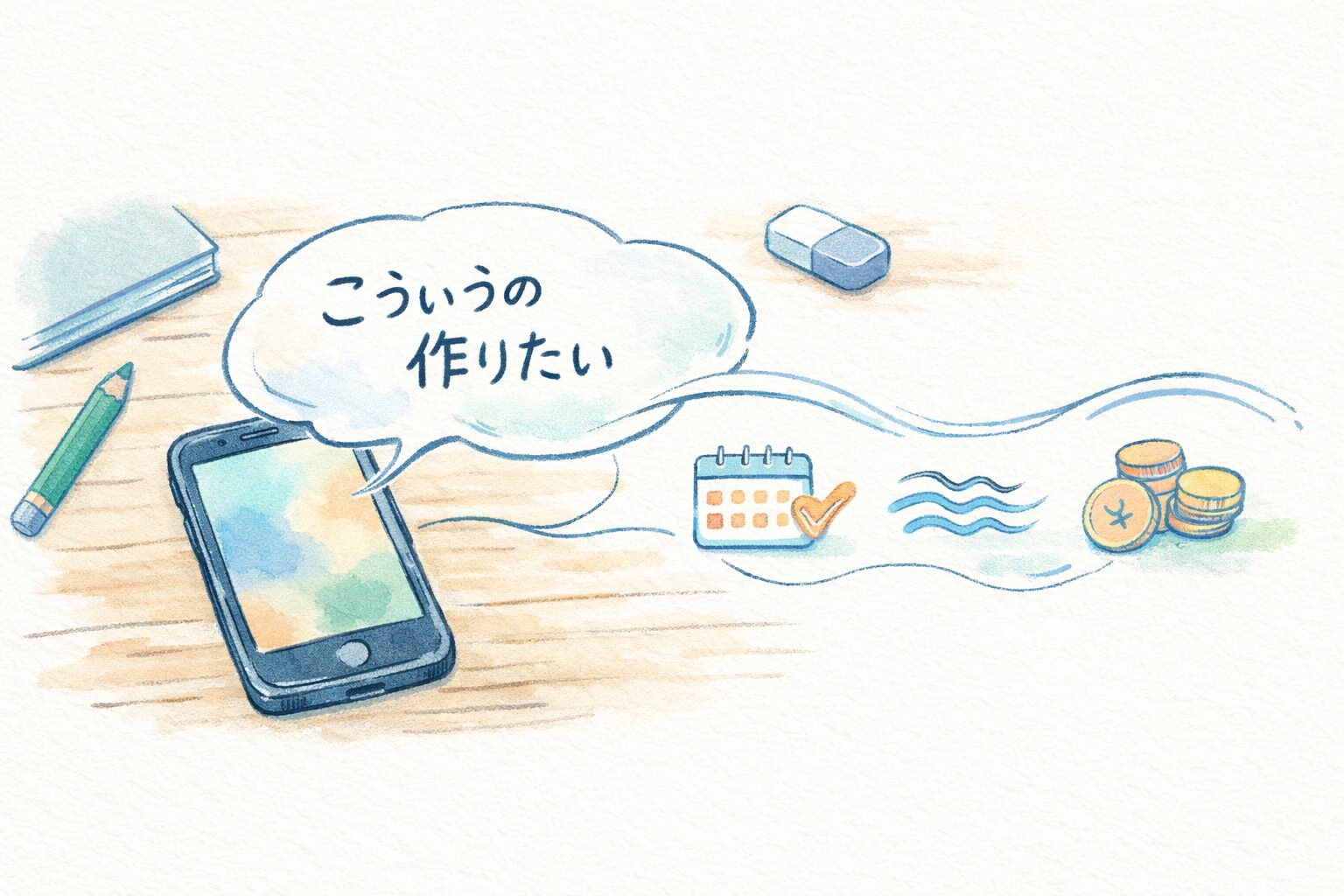 机の上を俯瞰した手描き風のイラスト。中央にiPhoneが置かれ、画面から「こういうの作りたい」と書かれた吹き出しがふわりと広がっている。吹き出しから伸びる線が、右側の小さなアイコン（カレンダーとチェック、波線、コイン）へとつながり、ライフログ・呼吸・家計のイメージをやさしく示している。全体はブルーグレーやミント、淡いオレンジの水彩で描かれ、白い紙の質感と広い余白が穏やかな未来感を感じさせる。