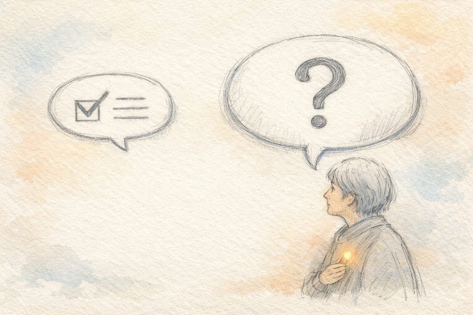 『答え』よりも『問い』を大きく描き、人物が問いを見つめている手書き風イラスト